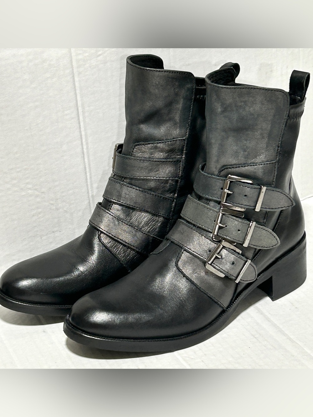 Black Leather Moto Buckle Ankle Boots